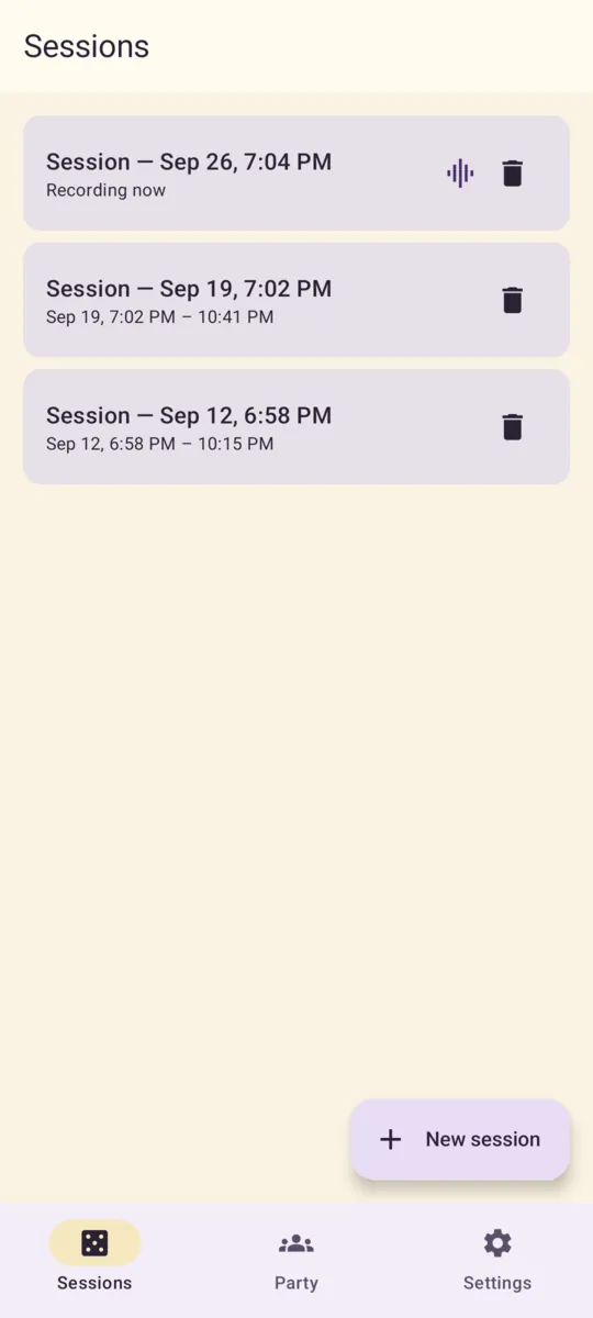 D&D Helper screenshot: Sessions