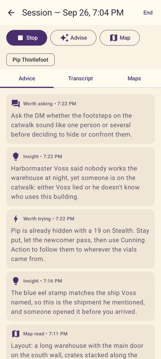 D&D Helper screenshot: Advice tab during a game