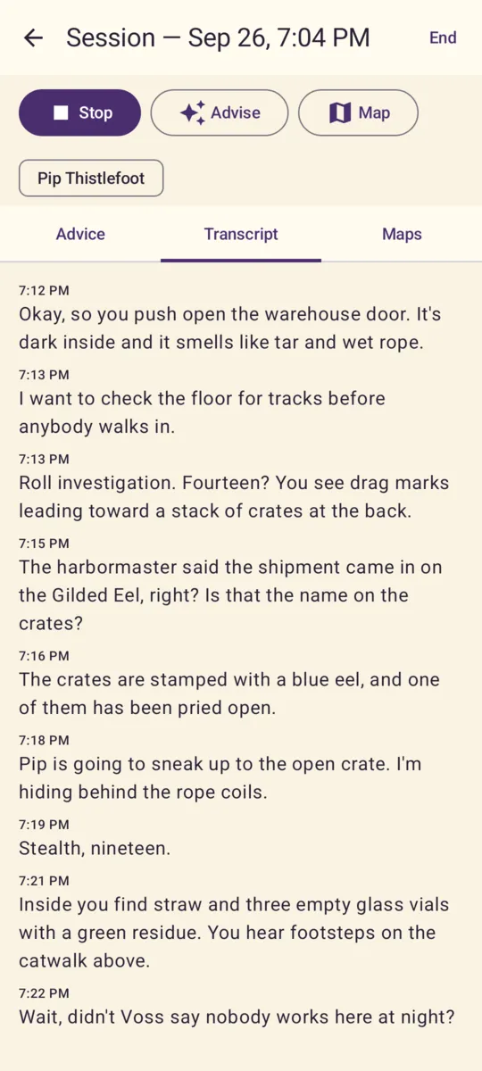 D&D Helper screenshot: Transcript tab