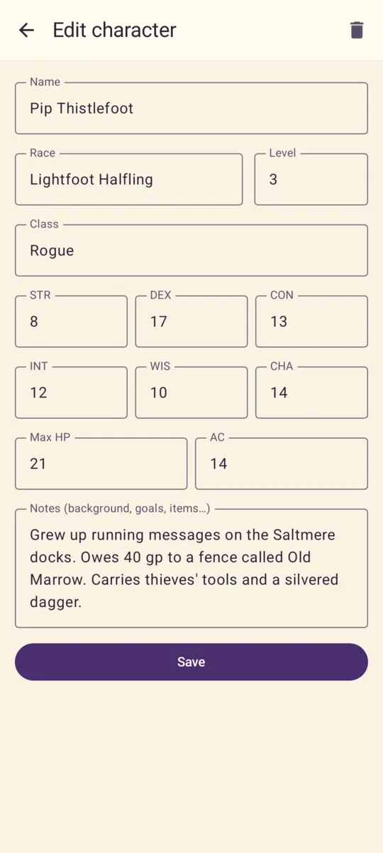D&D Helper screenshot: Character editor